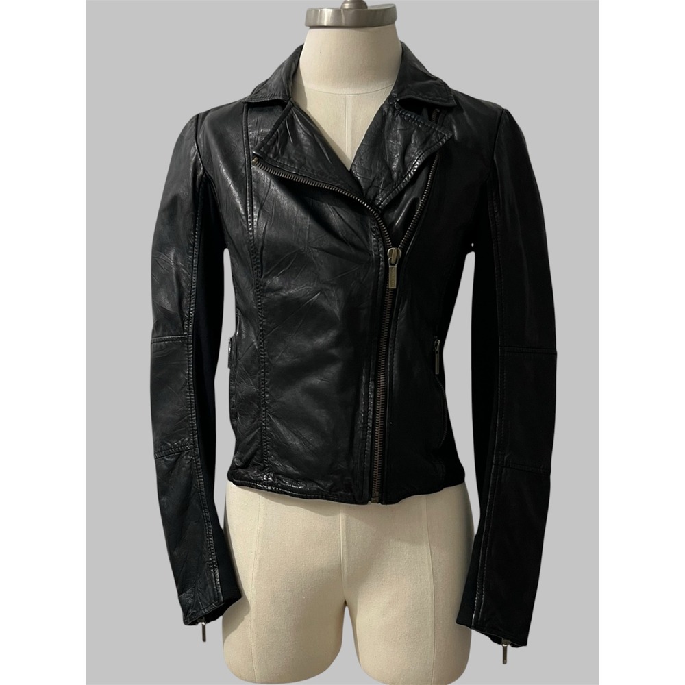 Michael Kors Womens Black Genuine Leather Moto Jacket Asymmetrical Zip Size S